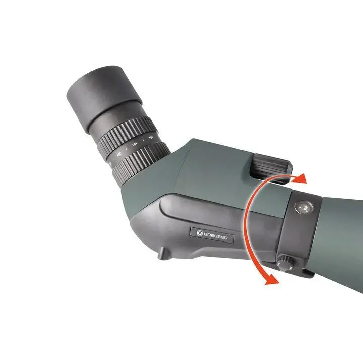 Bresser Spotting Scope with a focus on the rotation and adjustment on a white background