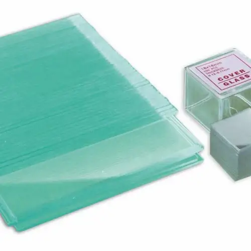 Clear cover glass sheets with a small container labeled 'Cover Glass' on a white background