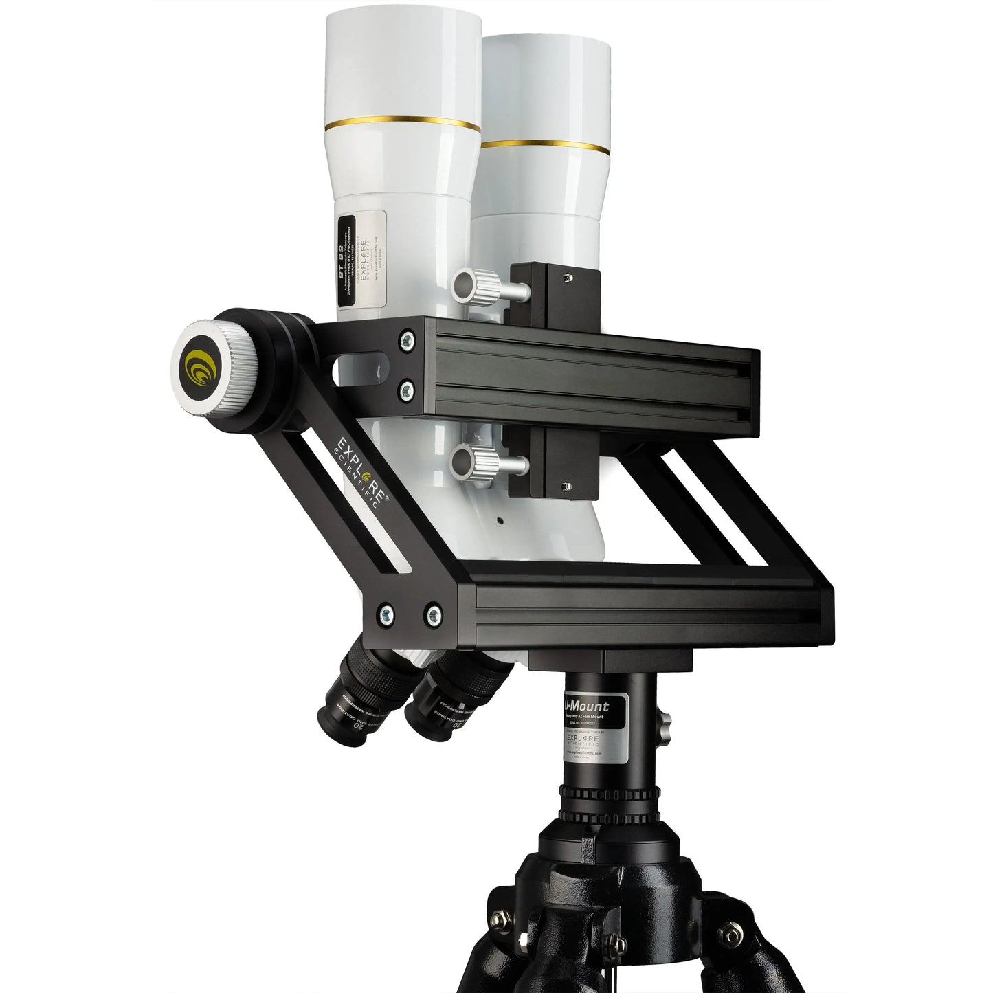 BT-82 SF Large Binoculars with 62 Degree LER Eyepieces mounted on a sturdy tripod for enhanced stability.