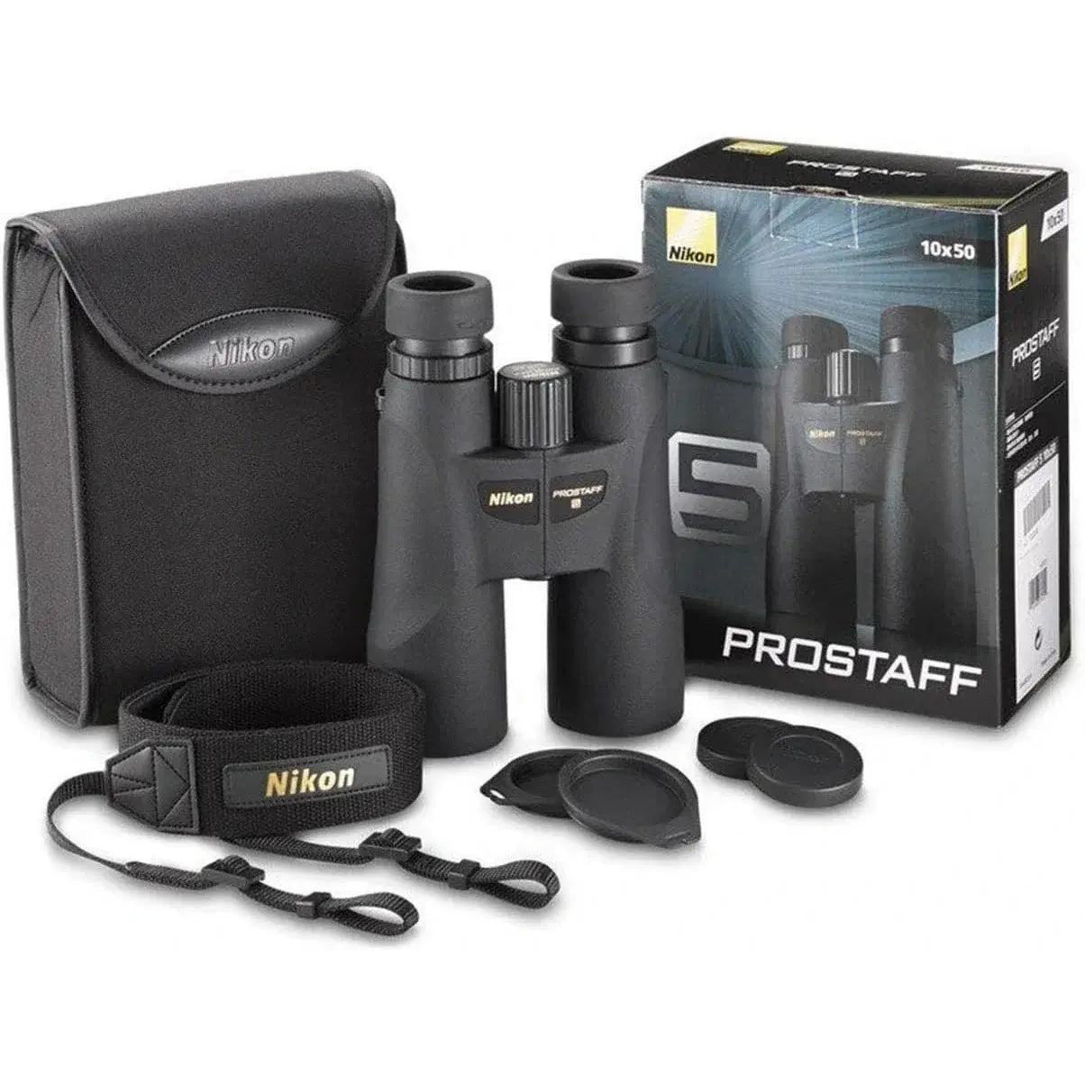 PROSTAFF 5 10x50 Binoculars with carrying case, strap, and lens covers displayed on a light background.