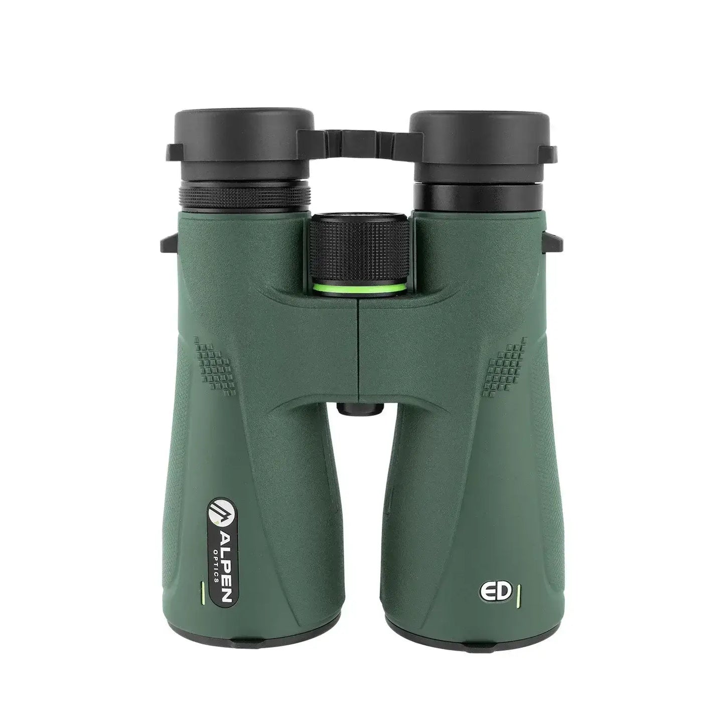 Alpen Chisos 12x50 ED Binoculars top view with lens covers on.