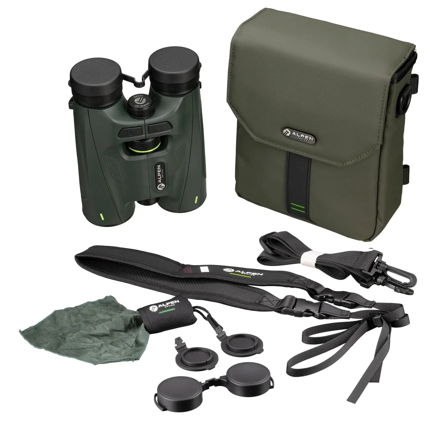 Green binoculars with accessories and carrying case on a white background