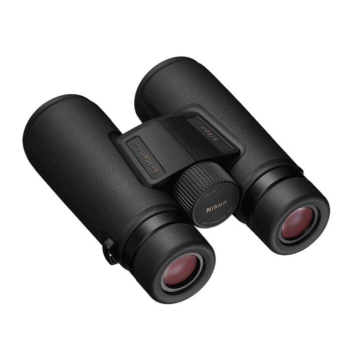 Back left view of Nikon Monarch M5 Binoculars on a white background.