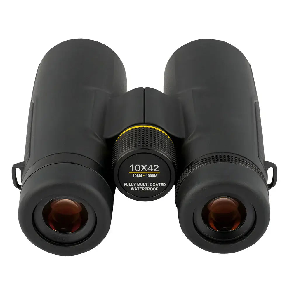 Top Rear view of black Explore Scientific binoculars on a white background.