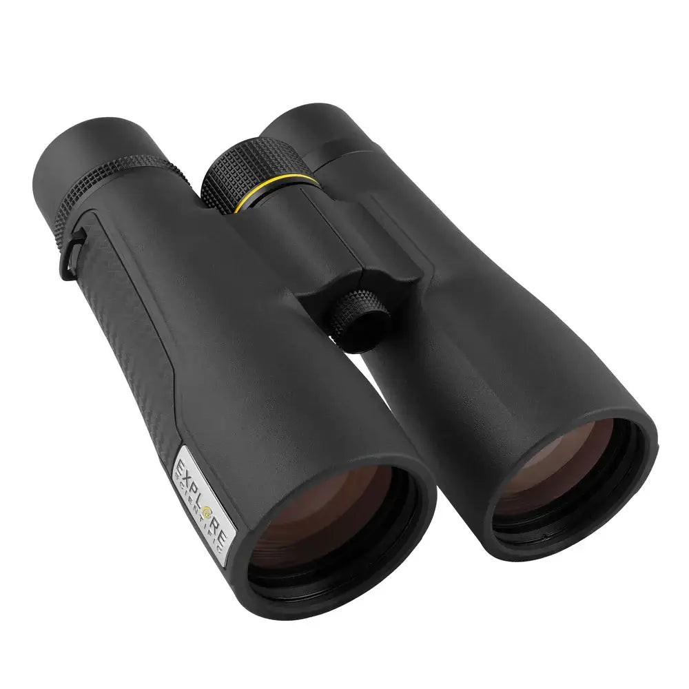 Top right view of black Explore Scientific binoculars with a visible brand badge plate on the product on a white background