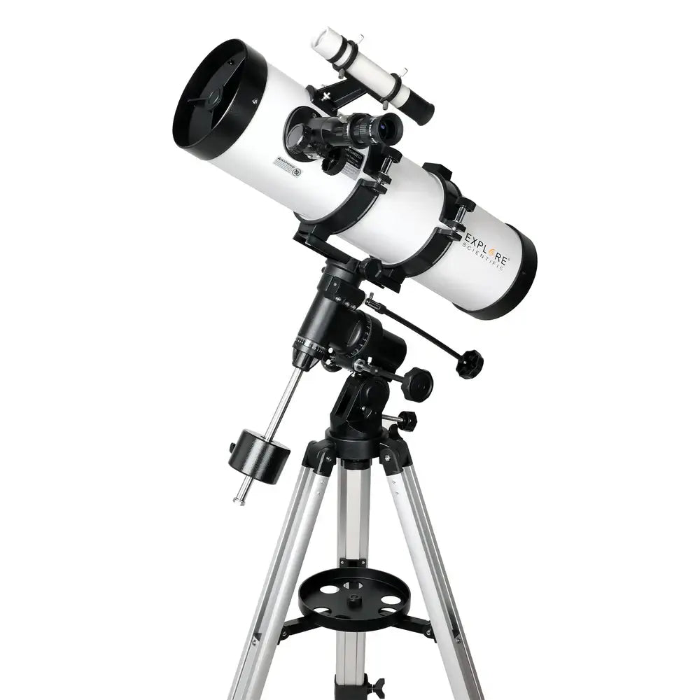 Bresser 114mm Newtonian Reflector telescope mounted on a tripod on a white background.