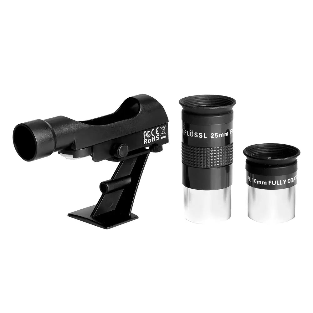Set of astronomical eyepieces and a barlow lens on a white background