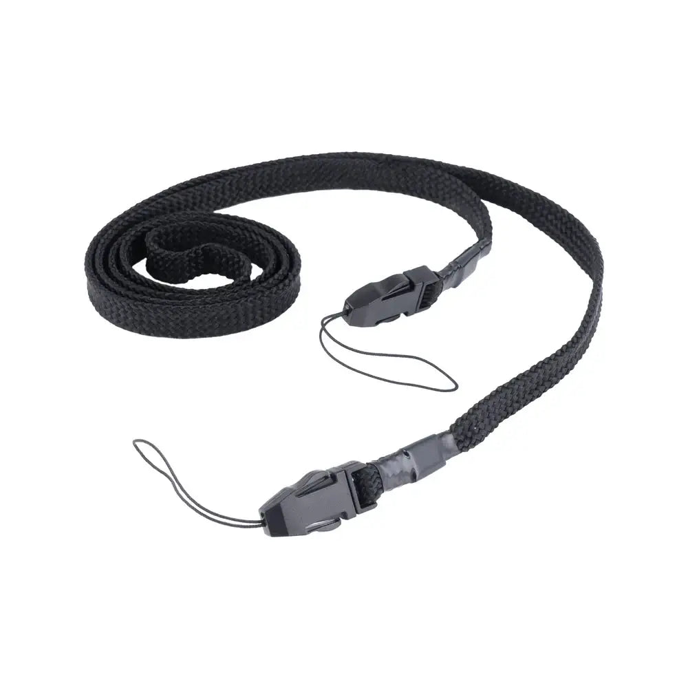 Black braided strap with clips for secure attachment to binoculars or camera.