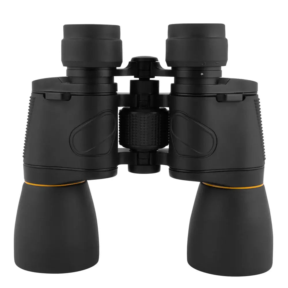 Black binoculars standing vertical on a white background