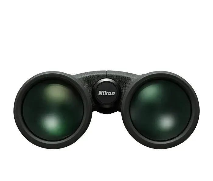 Nikon Prostaff P7 10x42 Binoculars Product photo of the front objective lenses on a white background.