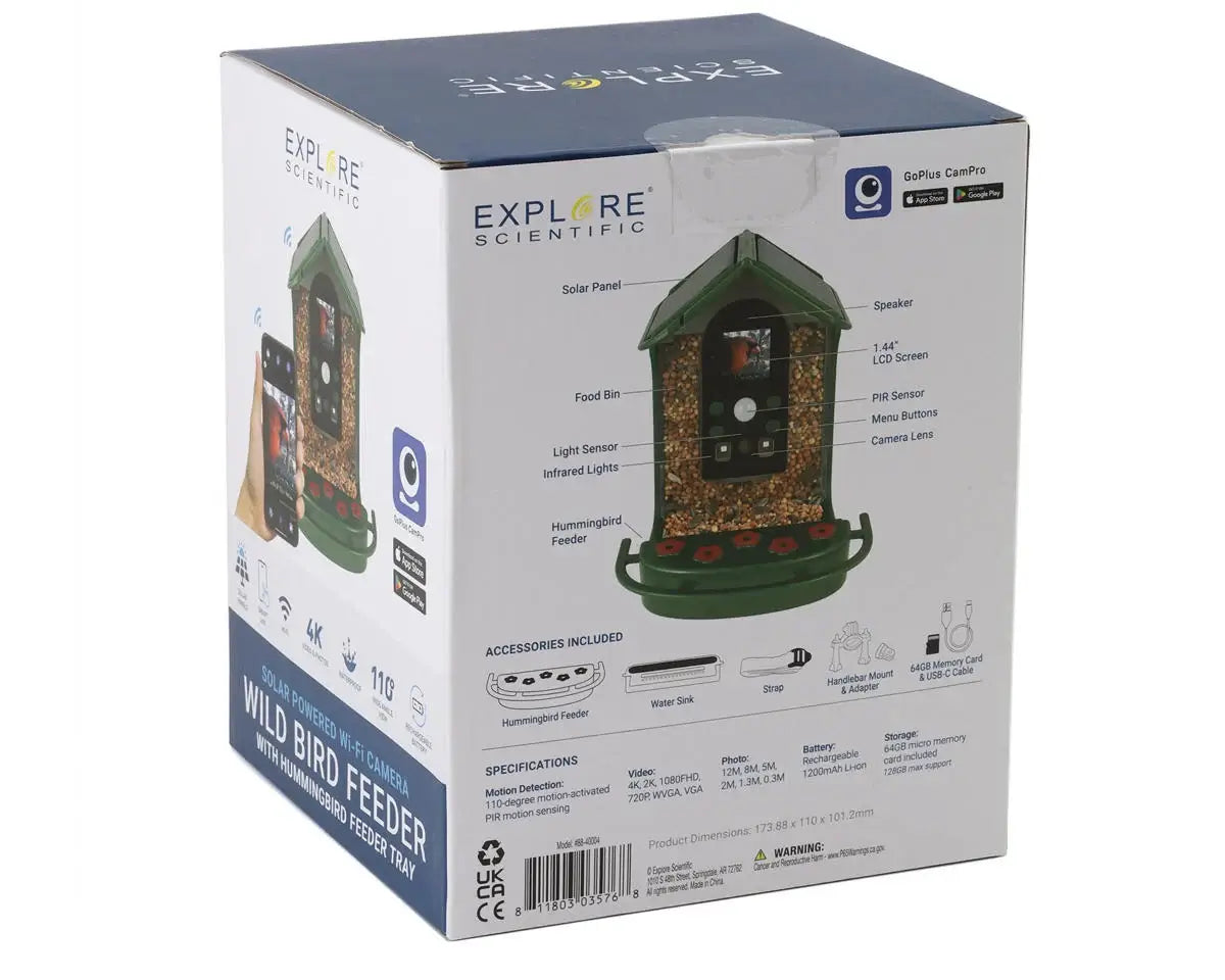 Box packaging of an Explore Scientific wild bird feeder with illustrations and text.