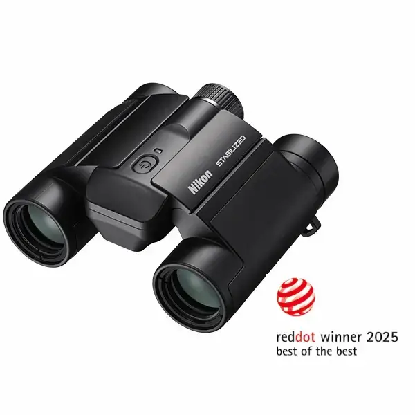 Black Nikon binoculars on a white background with Red Dot Award logo.
