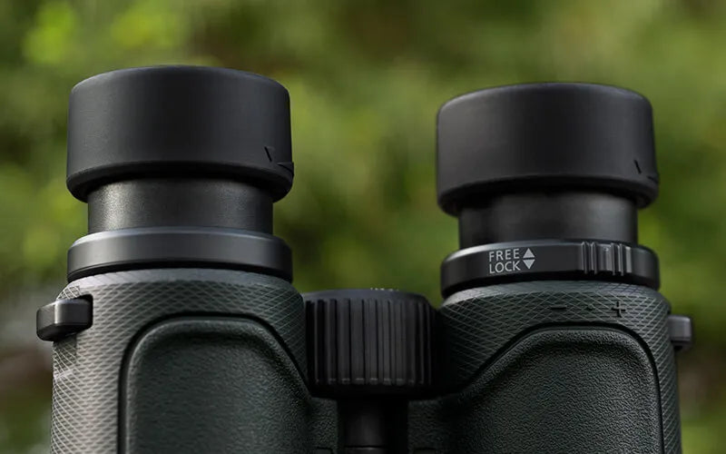 Nikon Prostaff P7 binoculars close-up of the locking diopter eye cup feature.