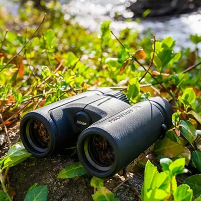 Nikon binoculars on a grassy surface near water