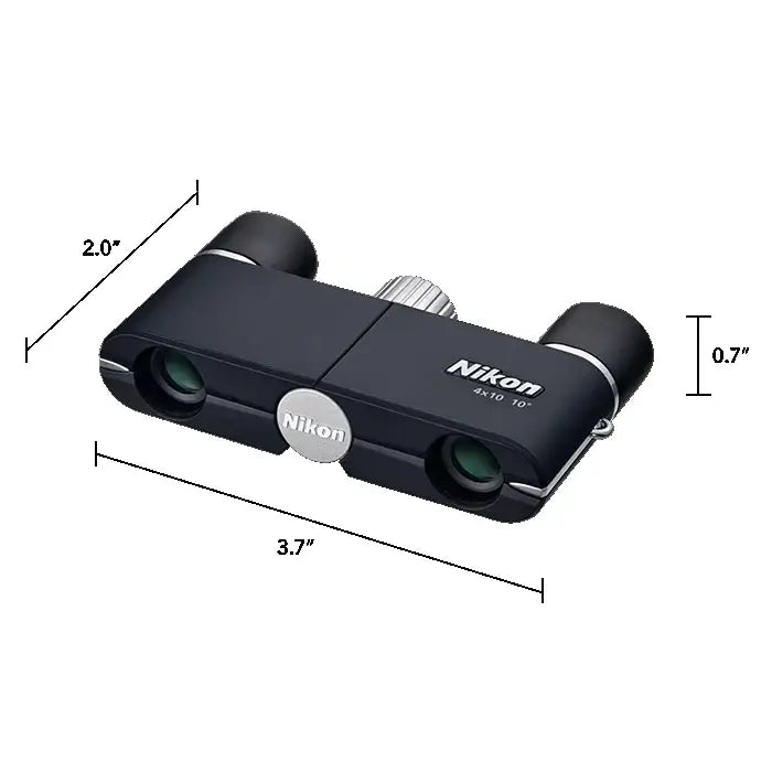 Nikon binoculars in Dark Navy with dimensions labeled on a white background