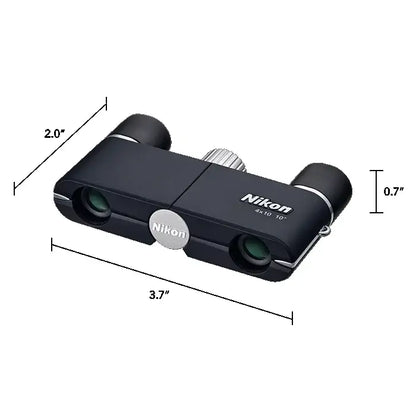 Nikon binoculars in Dark Navy with dimensions labeled on a white background