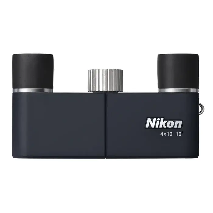 Top view of Nikon 4x10 CF Binoculars in Dark Navy on a white background with black eye cups.
