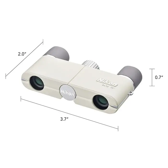 Top left right view of Nikon 4x10 CF Binoculars with measurements in Ivory on a white background with grey eye cups.