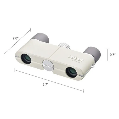 Top left right view of Nikon 4x10 CF Binoculars with measurements in Ivory on a white background with grey eye cups.