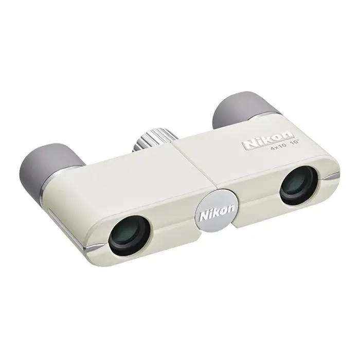 Top right view of Nikon 4x10 CF Binoculars in Ivory on a white background with grey eye cups.