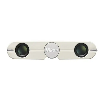 Front view of Nikon 4x10 CF Binoculars in Ivory on a white background with grey eye cups.