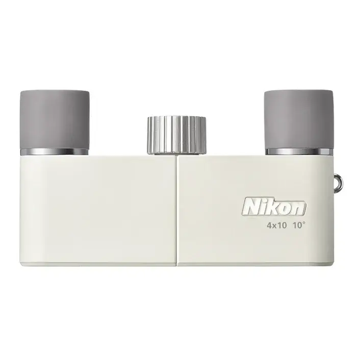Top view of Nikon 4x10 CF Binoculars in Ivory on a white background with grey eye cups.