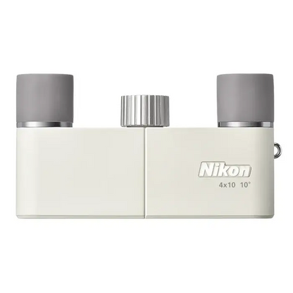 Top view of Nikon 4x10 CF Binoculars in Ivory on a white background with grey eye cups.