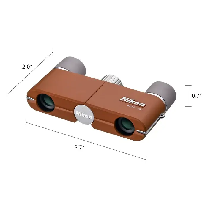 Brown Nikon CF binoculars with dimensions on a white background