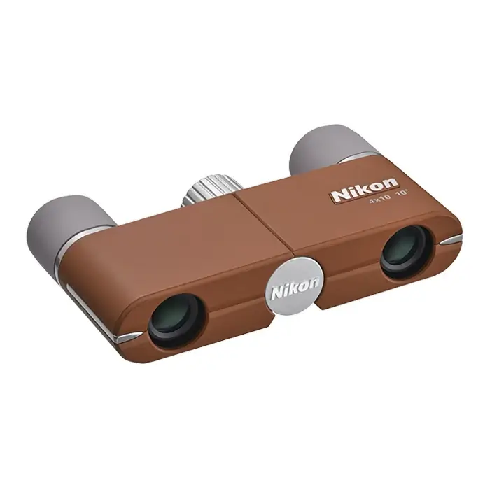 Top Left of Nikon 4x10 CF Binoculars in Brown on a white background with grey eye cups.