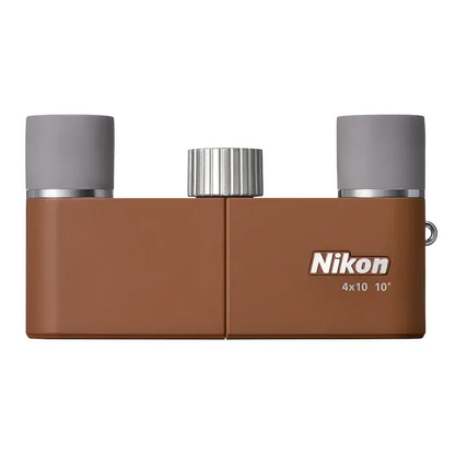 Brown Nikon CF binoculars case with gray eyepieces on a white background