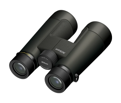 Black Nikon binoculars on a white background