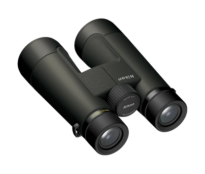 Black Nikon binoculars on a white background