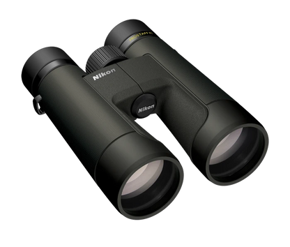 Black Nikon binoculars on a white background