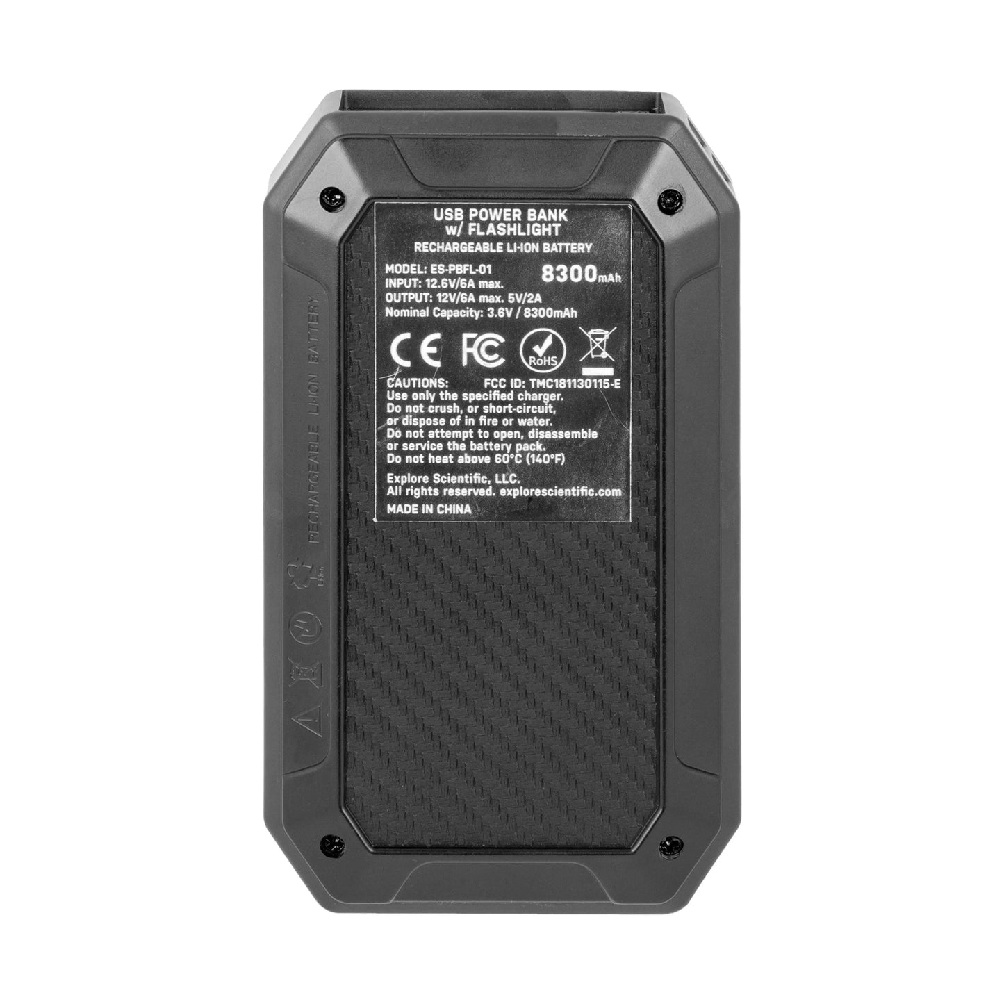 USB Power Bank with Red LED Flashlight back view showing details and specifications