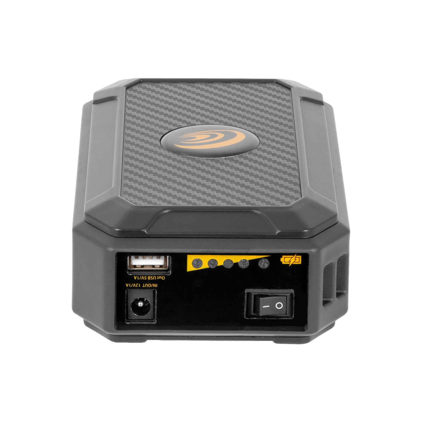 USB Power Bank with Red LED Flashlight, featuring a rugged design and charging ports for devices.