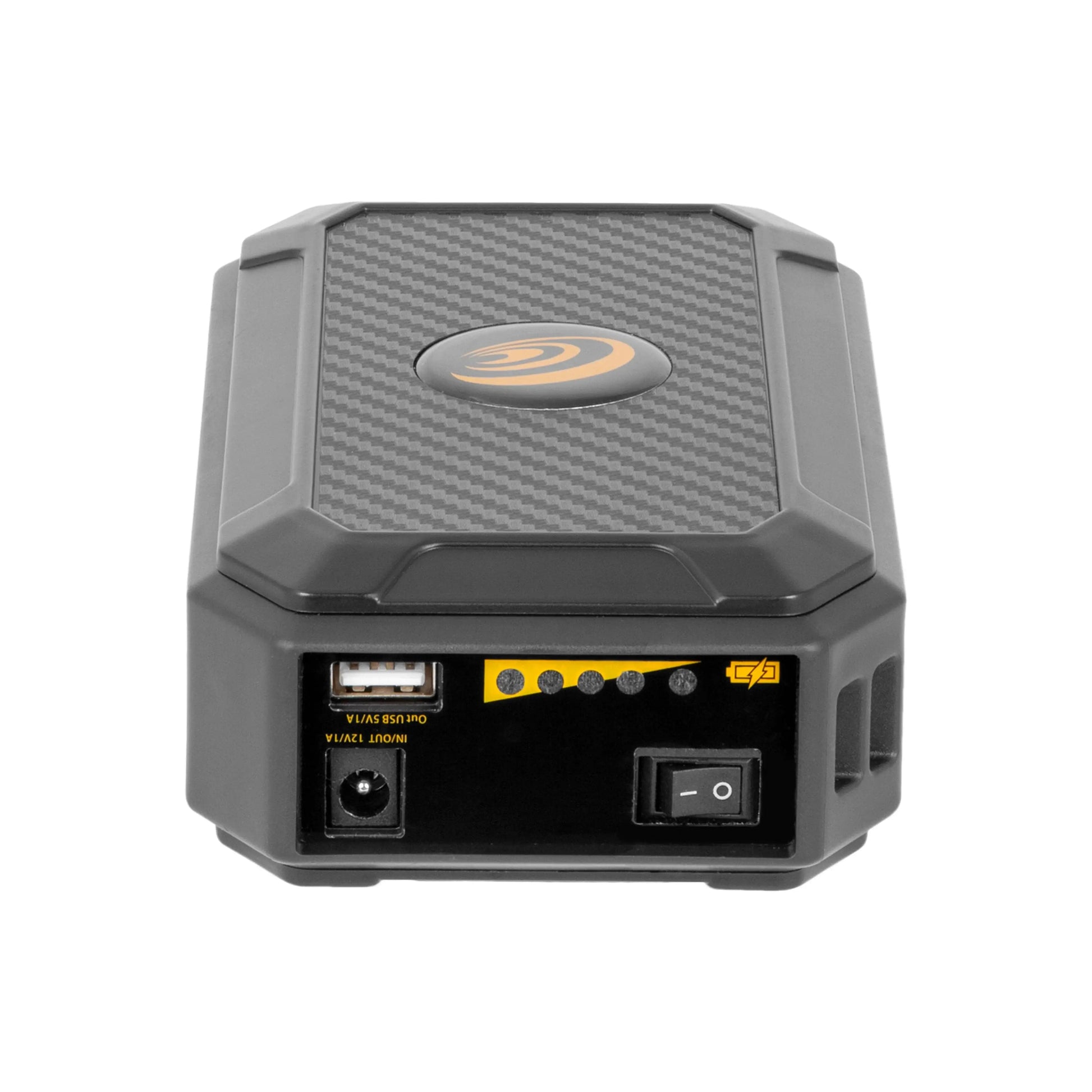 USB Power Bank with Red LED Flashlight, featuring a rugged design and charging ports for devices.