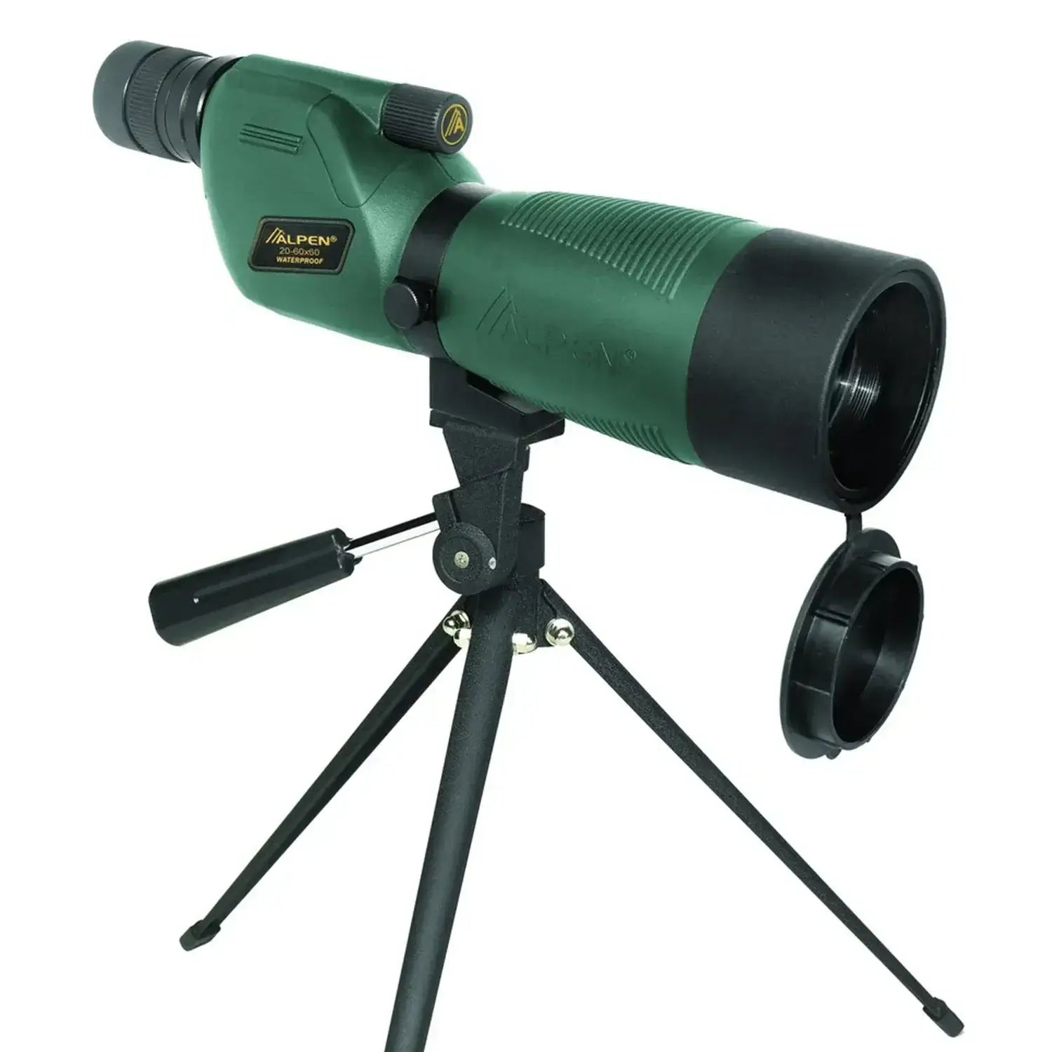 Front right view of the scope mounted on a tripod.