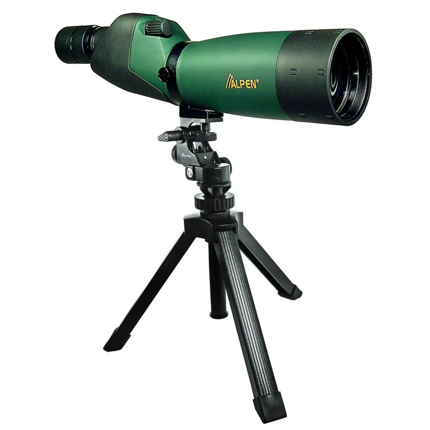 Side view attached to a small tripod is the Alpen Shasta Ridge 20-60x80 Waterproof Spotting Scope.