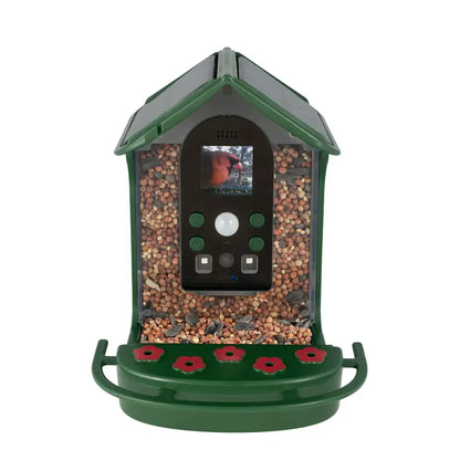 Bird feeder with a screen displaying a cardinal and filled with bird seeds on a white background