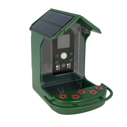 Green Bird Feeder with solar panel on a white background