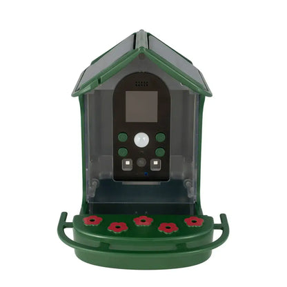 Green electronic bird feeder with digital display on a white background
