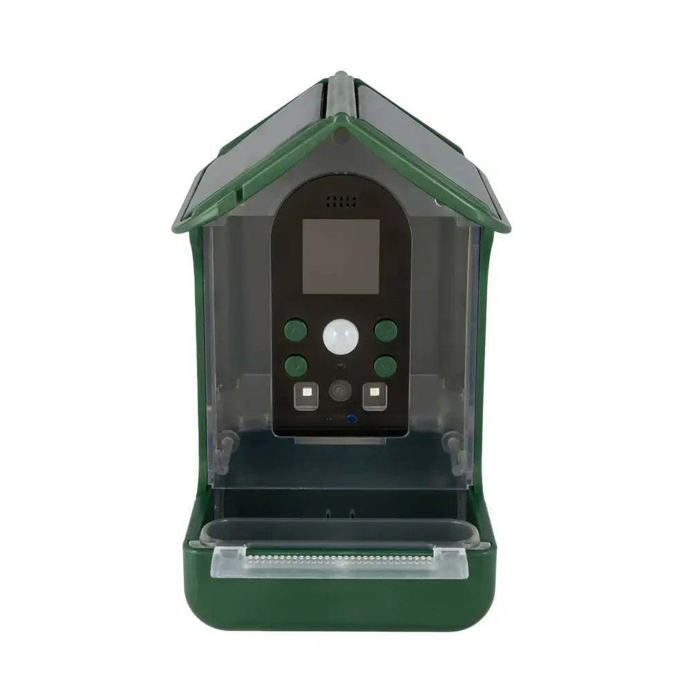 Green electronic bird feeder that's empty with a transparent cover on a white background