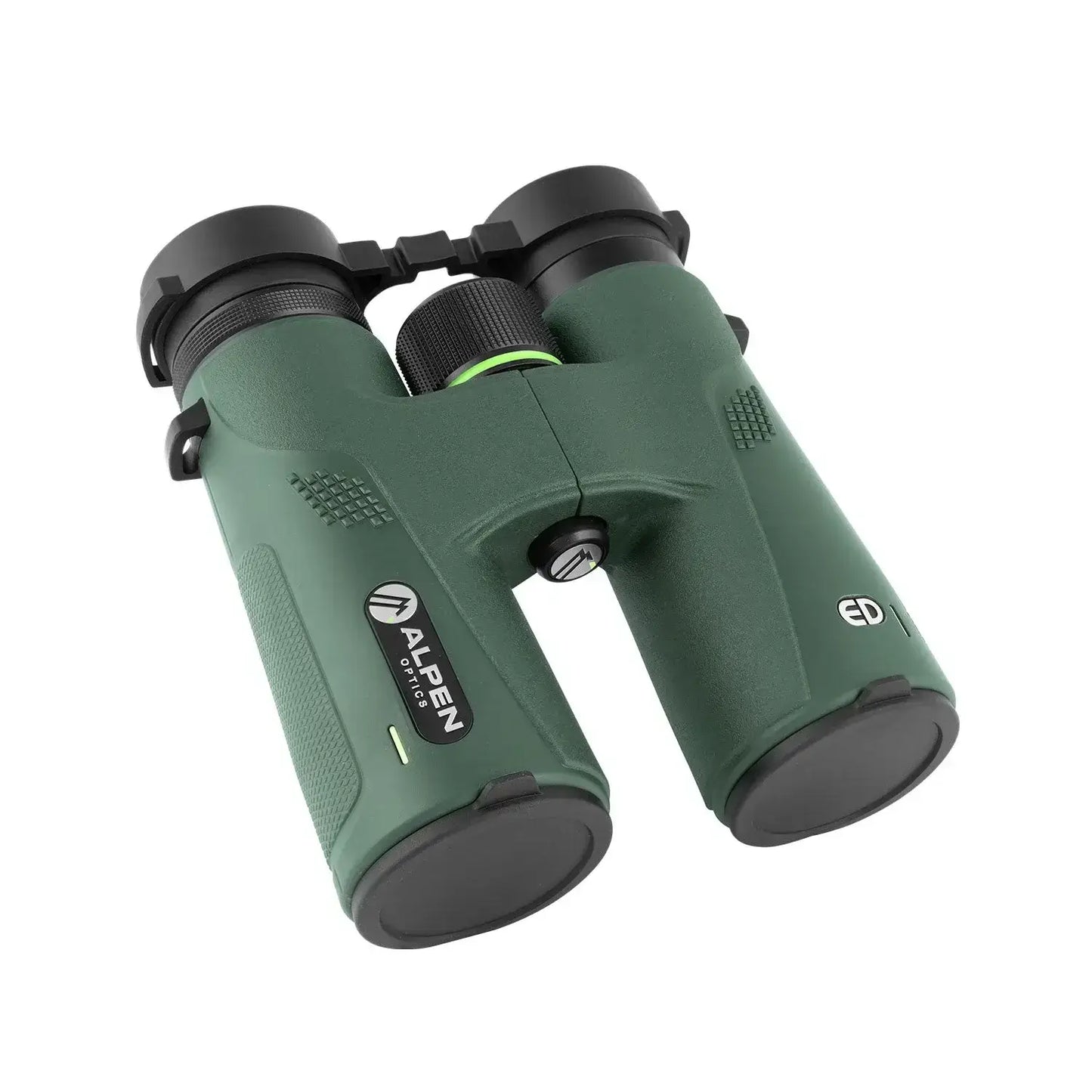 Alpen Chisos 10x42 ED Binoculars front right view with lens covers on.