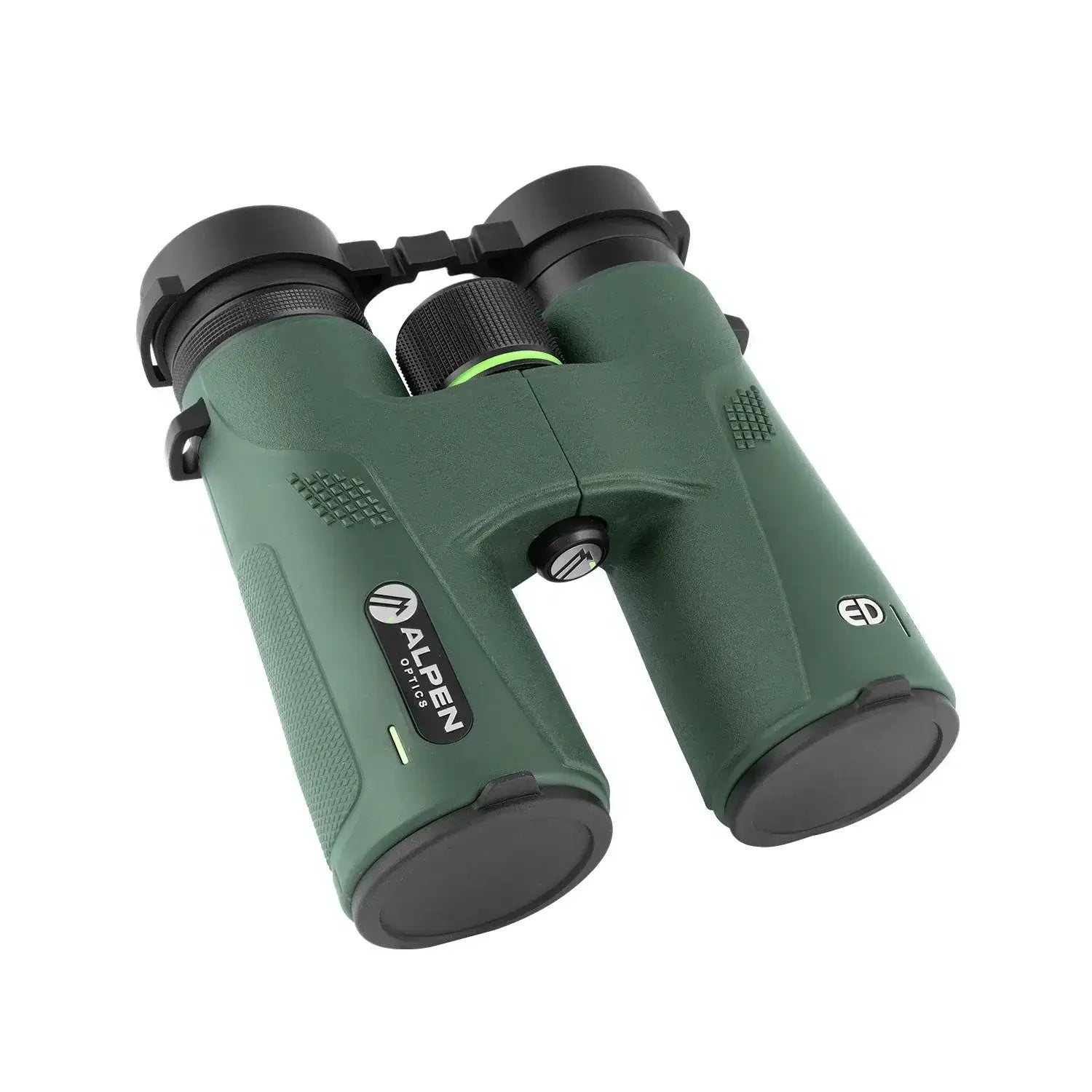 Alpen Chisos 10x42 ED Binoculars front right view with lens covers on.