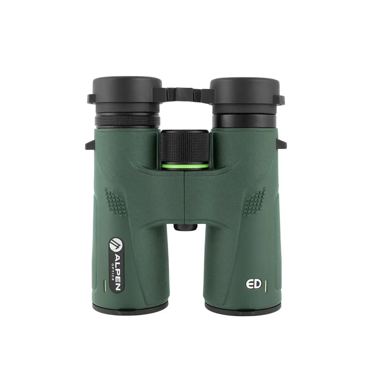 Alpen Chisos 10x42 ED Binoculars top view with lens covers on. 
