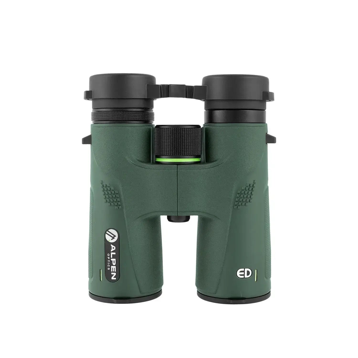 Alpen Chisos 10x42 ED Binoculars top view with lens covers on. 