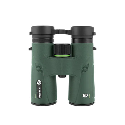 Alpen Chisos 10x42 ED Binoculars top view with lens covers on. 