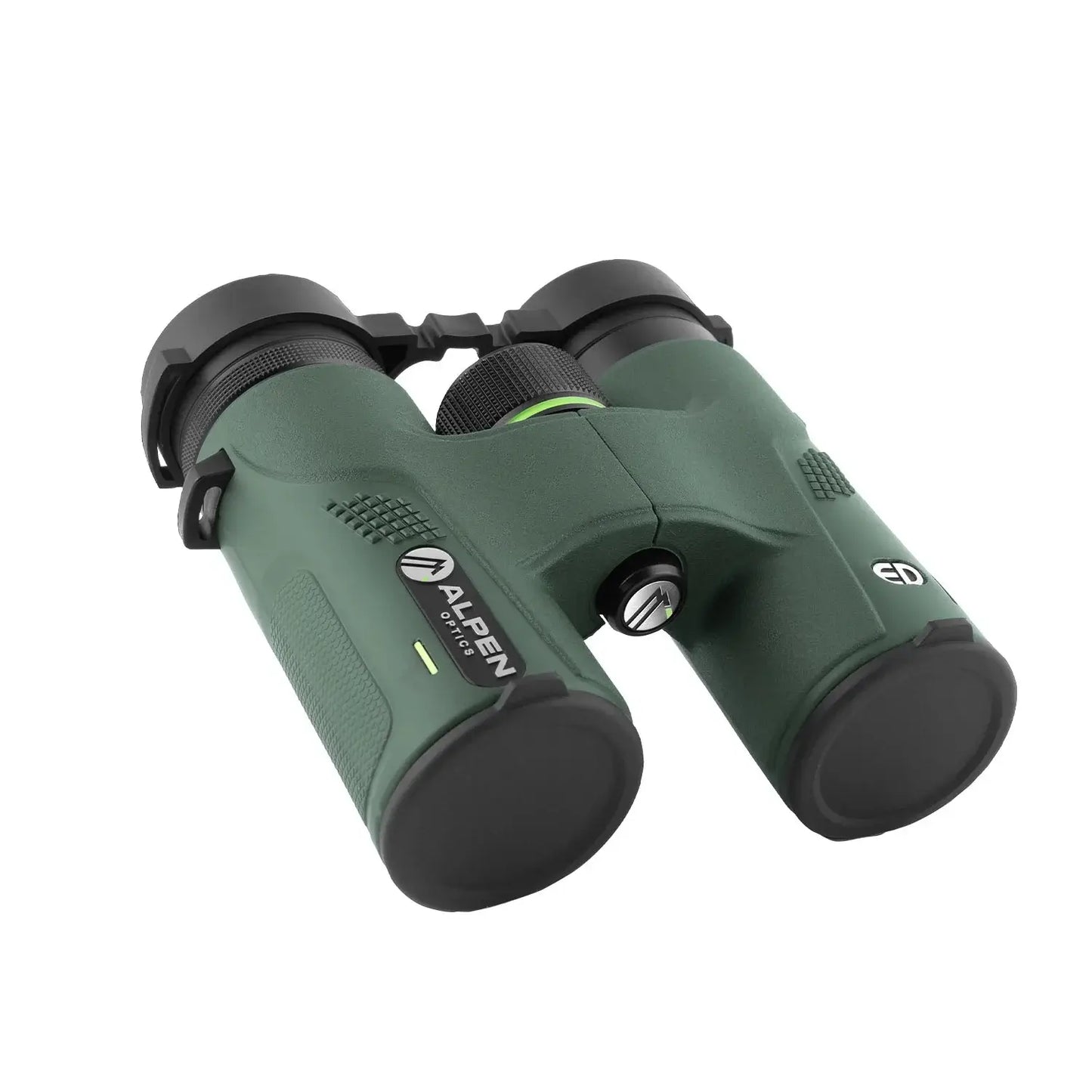 Alpen Chisos 6.5x32 ED Binoculars front right view with lens covers. 