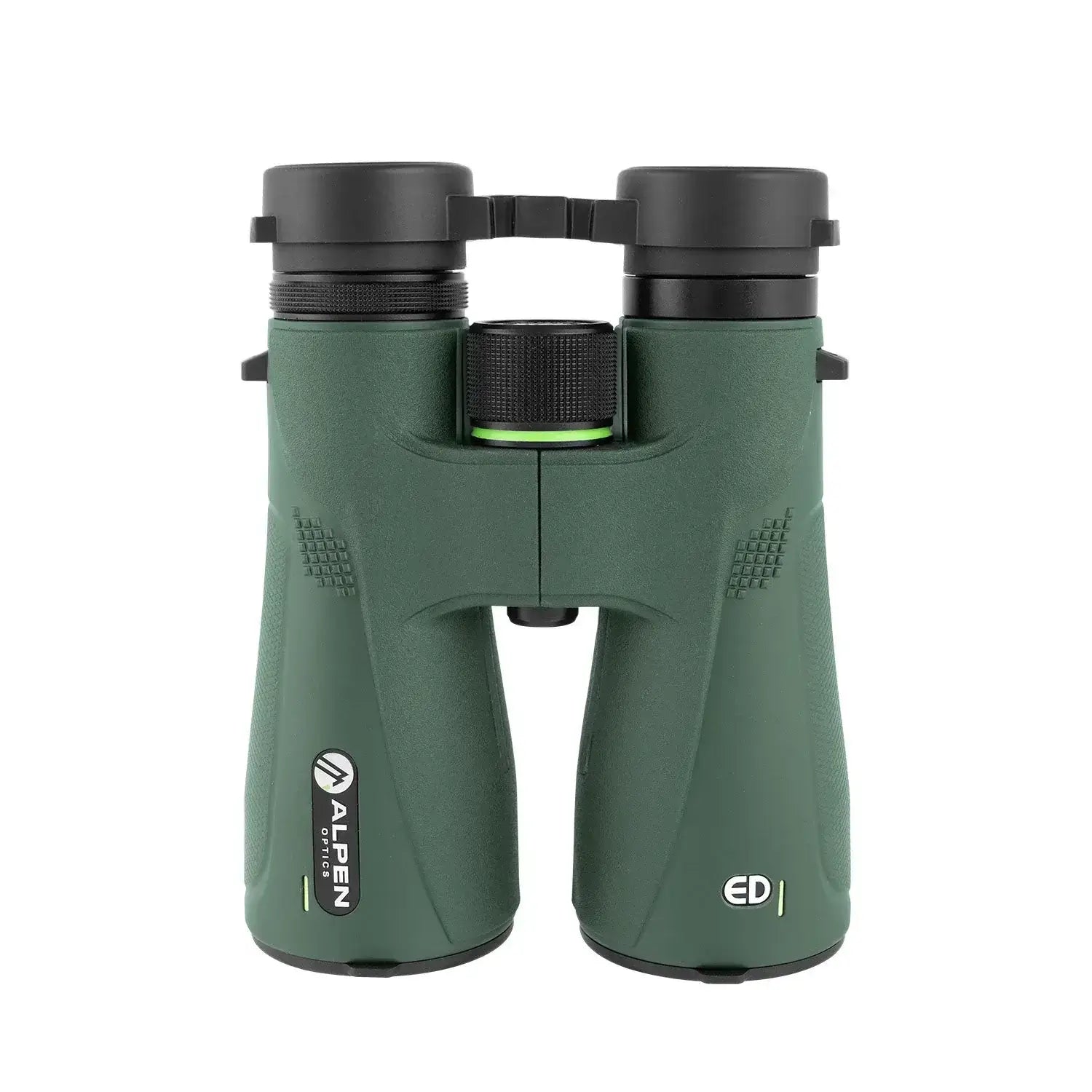 Alpen Chisos 12x50 ED Binoculars top view with lens covers on. 
