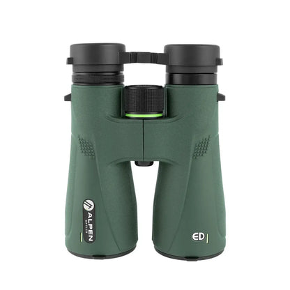 Alpen Chisos 12x50 ED Binoculars top view with lens covers on. 